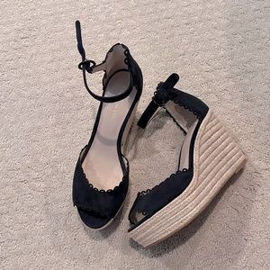 Pelle Moda dark navy wedges with ankle strap and natural tan bottom